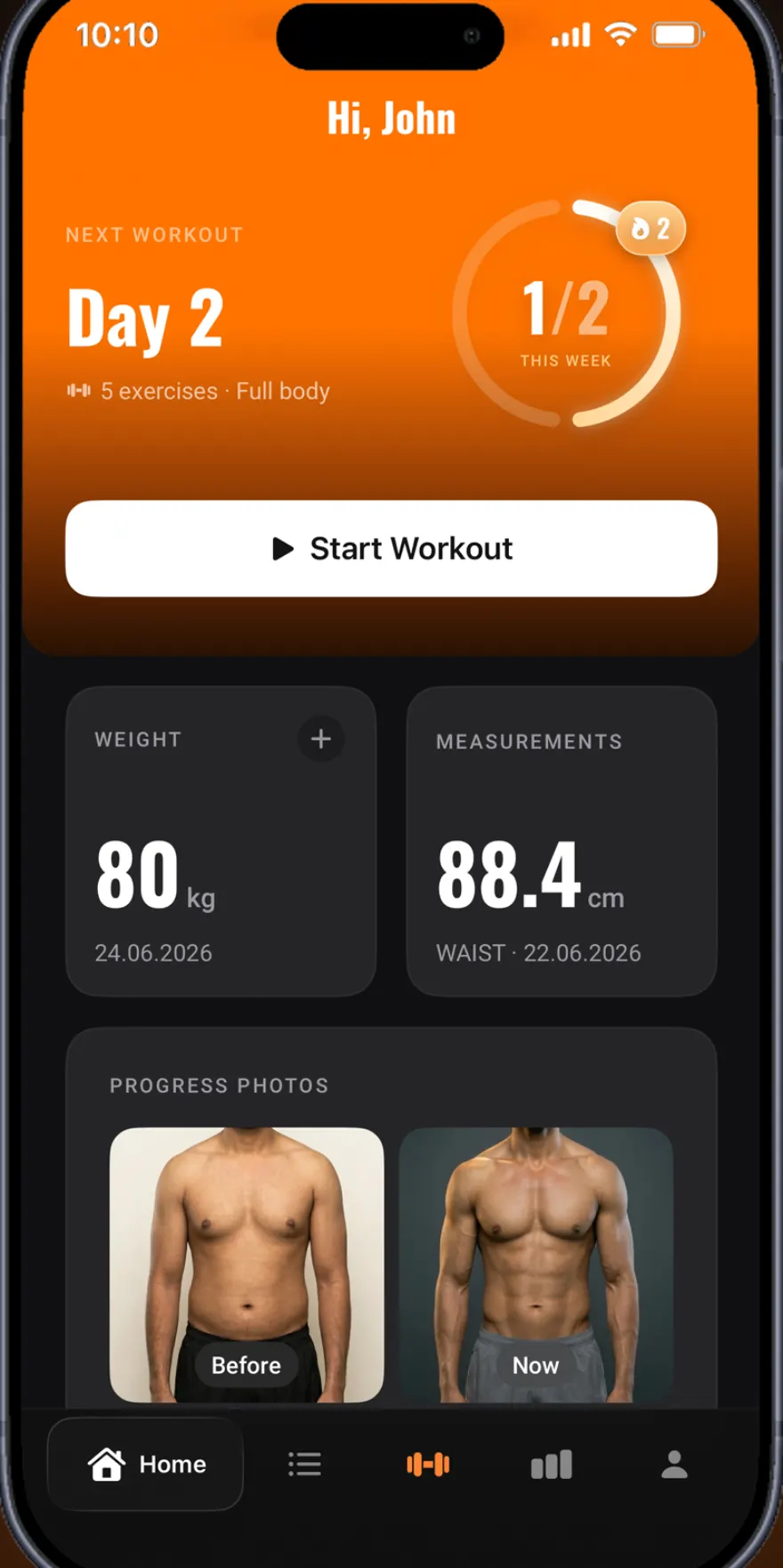The Simple Gym home screen: next workout, weekly progress, weight and measurements